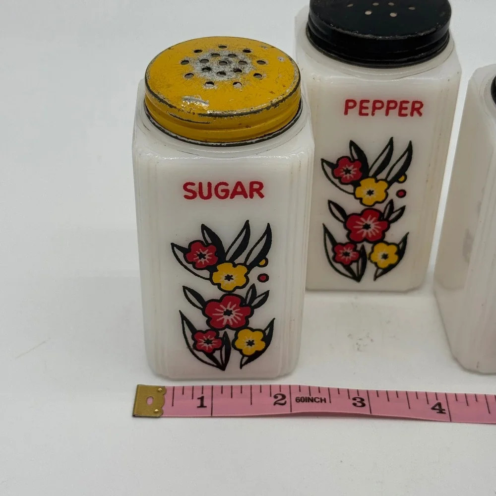 Vintage McKee Tipp City Milk Glass Sugar Salt Pepper Range Shaker Set Flower 40s